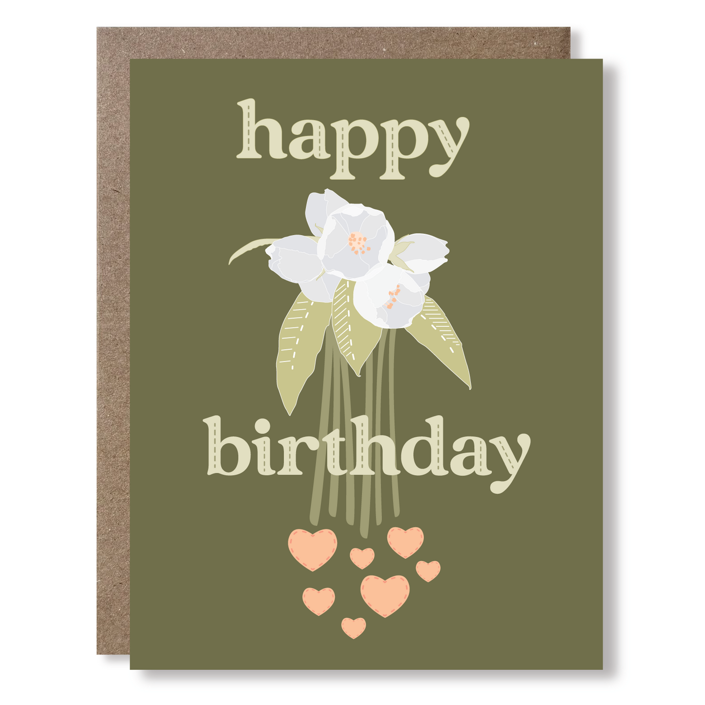 Birthday card with flowers and hearts on a green background