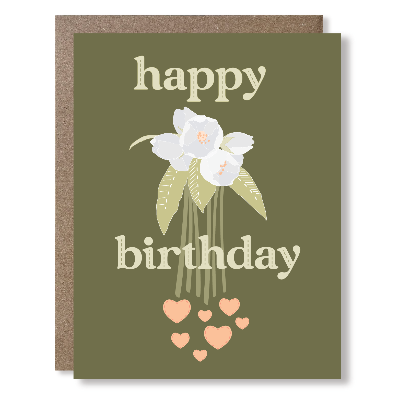 Birthday card with flowers and hearts on a green background