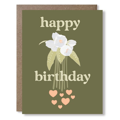 Birthday card with flowers and hearts on a green background
