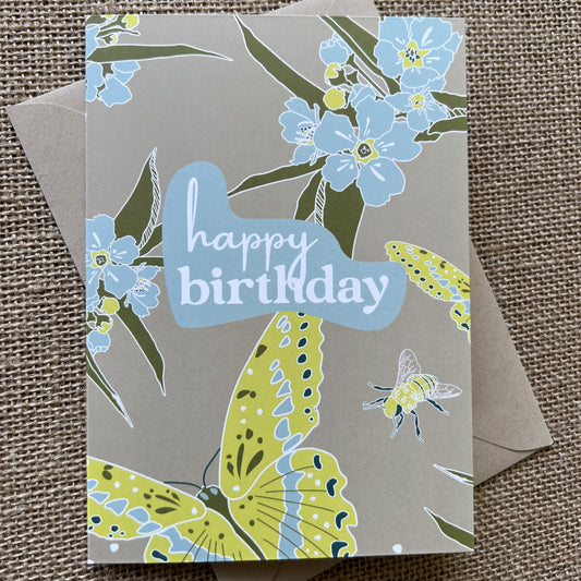 blue flowers and citron butterflies and bees, with the words "happy birthday" in white type