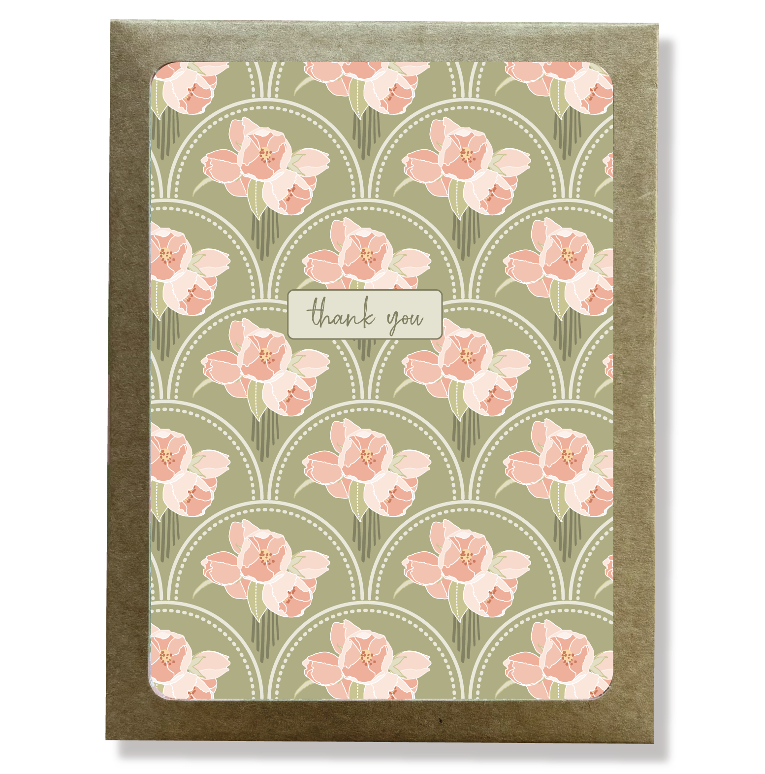 Kraft paper box with a cutout window showing a pink and green floral print thank you card