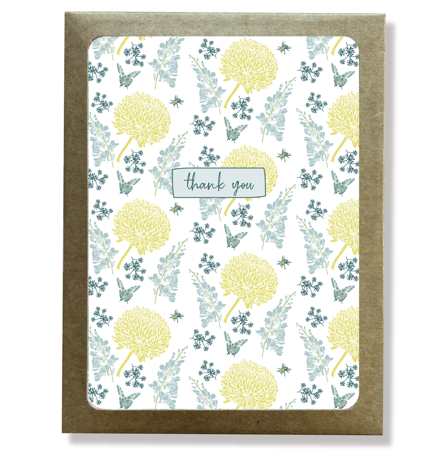 Kraft paper box with a cutout window showing a blue and yellow floral print thank you card