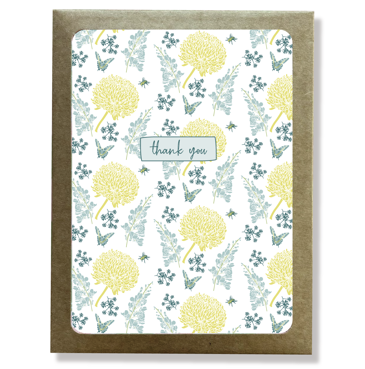 Kraft paper box with a cutout window showing a blue and yellow floral print thank you card