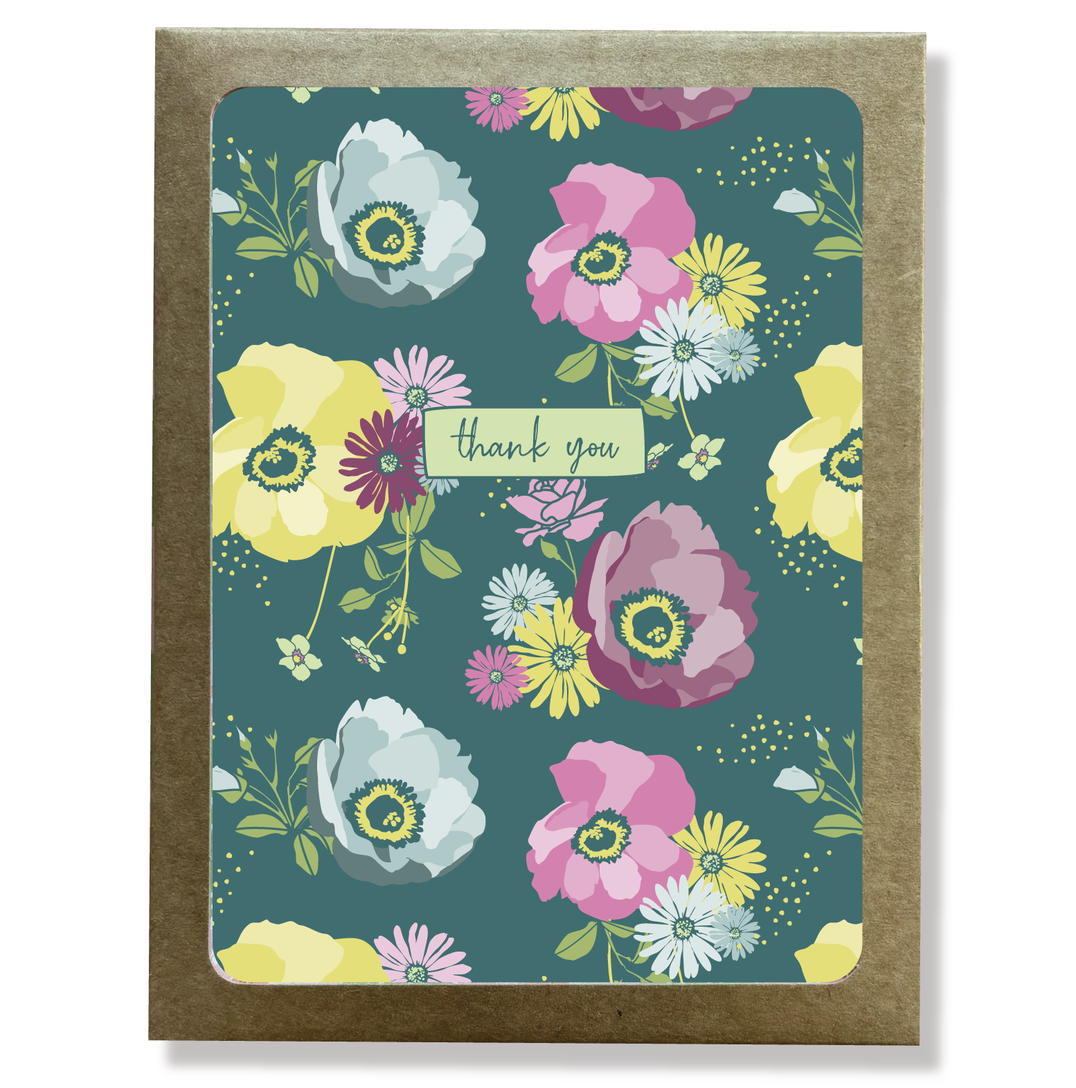 Kraft paper box with a cutout window showing a colorful floral print thank you card