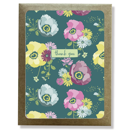 Kraft paper box with a cutout window showing a colorful floral print thank you card