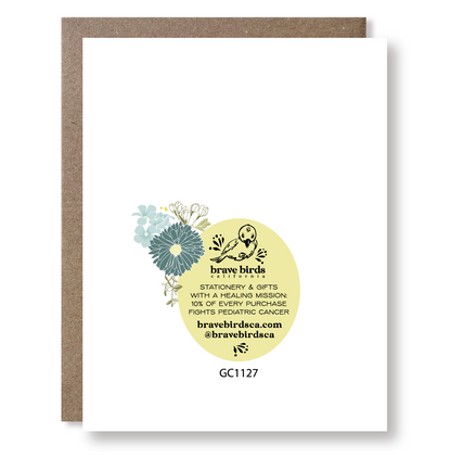 Back of greeting card with continued design and brand information