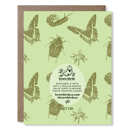 Greeting card back with continued design and brand information