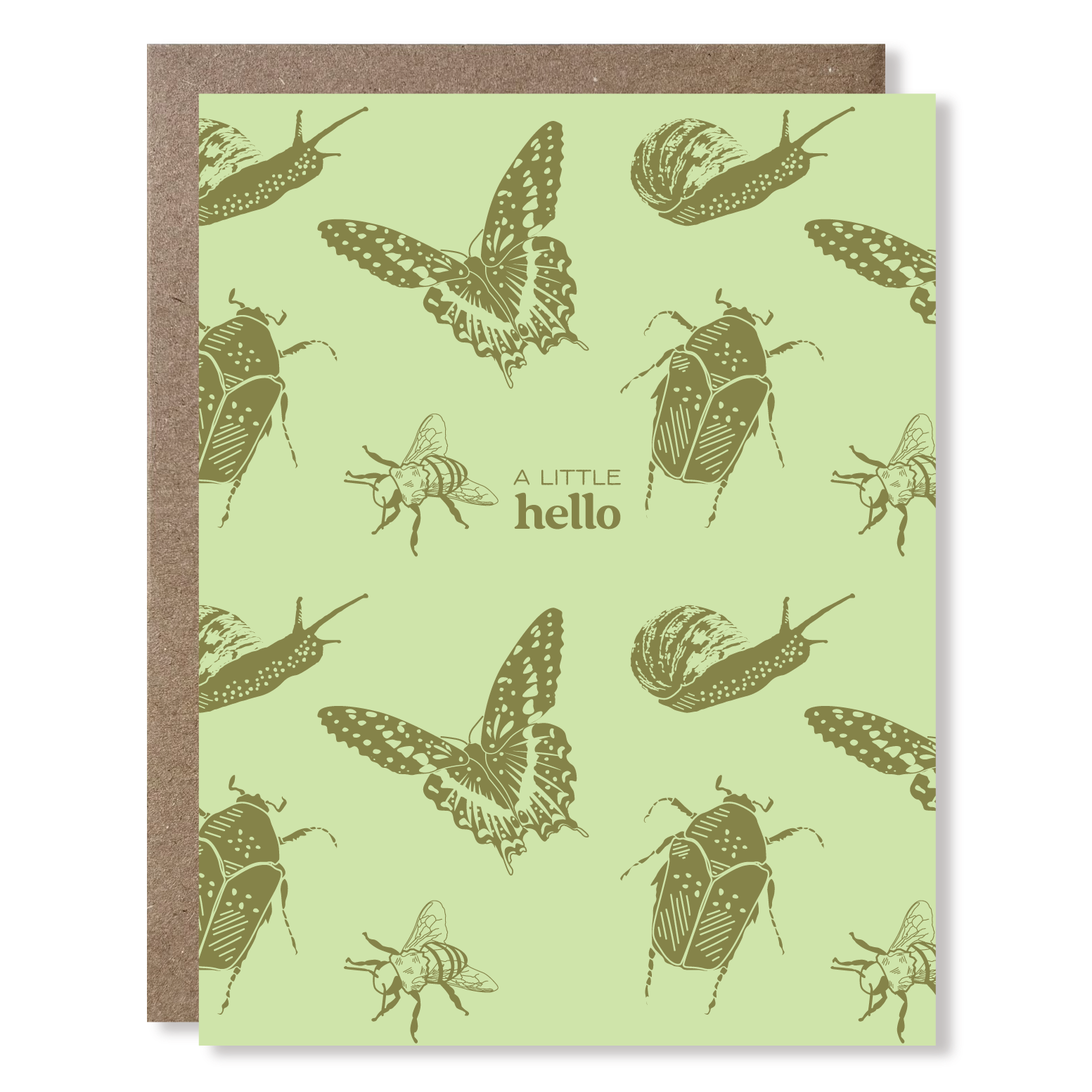 Greeting card with insect illustrations on a light green background