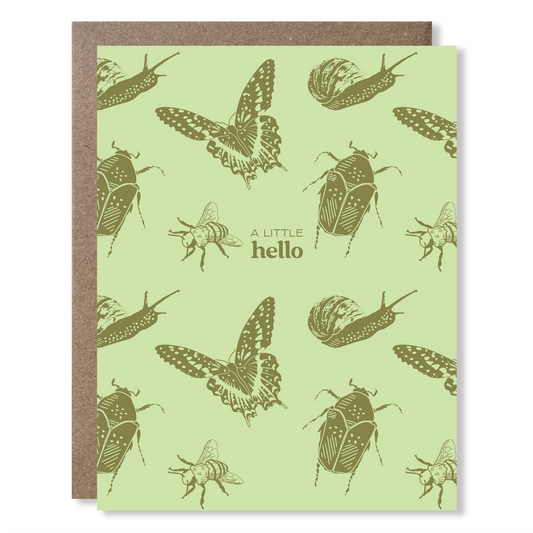 Greeting card with insect illustrations on a light green background