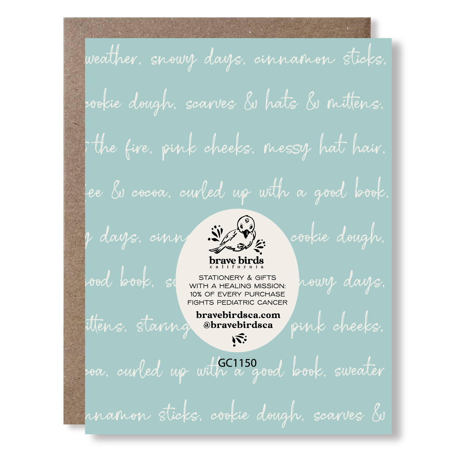 Back view of a greeting card with blue background and white script words, in addition to a brand logo and text reading 'stationery & gifts with a healing mission: 10% of every purchase fights pediatric cancer'