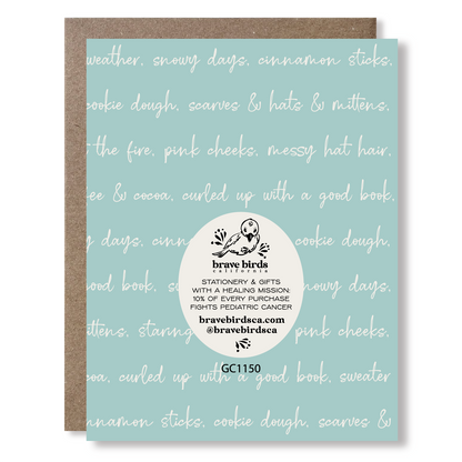 Back view of a greeting card with blue background and white script words, in addition to a brand logo and text reading 'stationery & gifts with a healing mission: 10% of every purchase fights pediatric cancer'