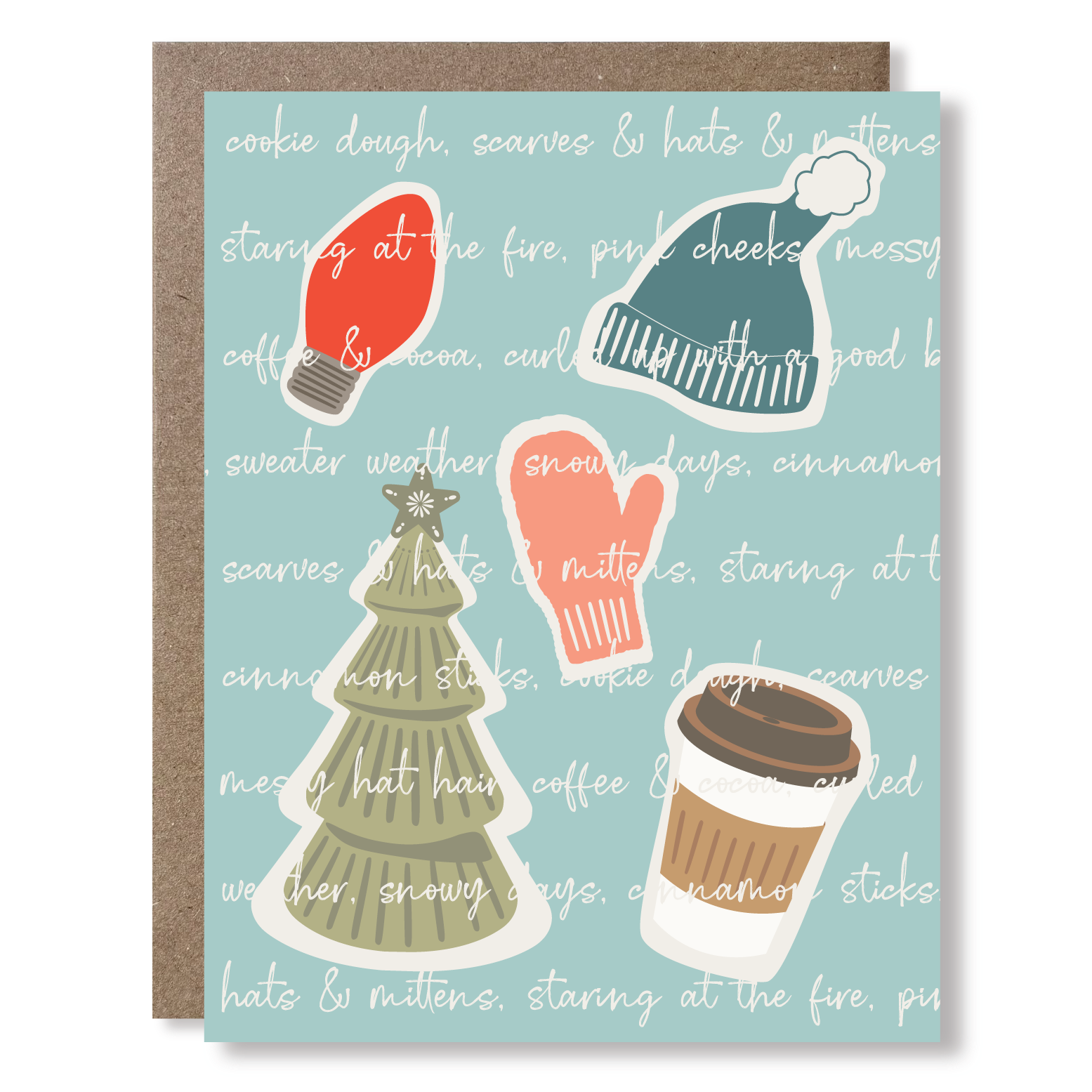 Greeting card with illustrations of a hat, mitten, coffee cup, christmas tree and holiday light bulb, on a blue background with white script writing