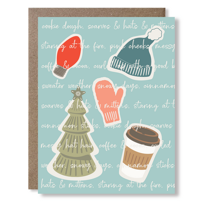 Greeting card with illustrations of a hat, mitten, coffee cup, christmas tree and holiday light bulb, on a blue background with white script writing