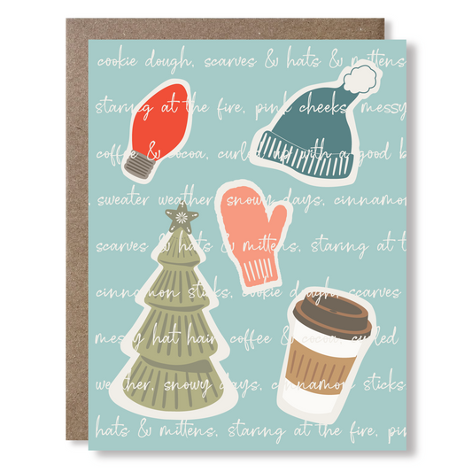 Greeting card with illustrations of a hat, mitten, coffee cup, christmas tree and holiday light bulb, on a blue background with white script writing