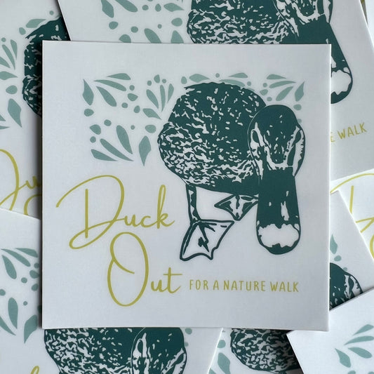 White background with a teal duck illustration and text reading "Duck out for a nature walk."