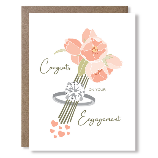 Greeting card with illustration of a bouquet of pink flowers and a diamond solitaire ring, with text reading "Congrats on your engagement"