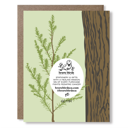 Back view of a greeting card with tree illustration, showing Brave Birds California logo and the text "stationery & gifts with a healing mission: 10% of every purchase fights pediatric cancer."