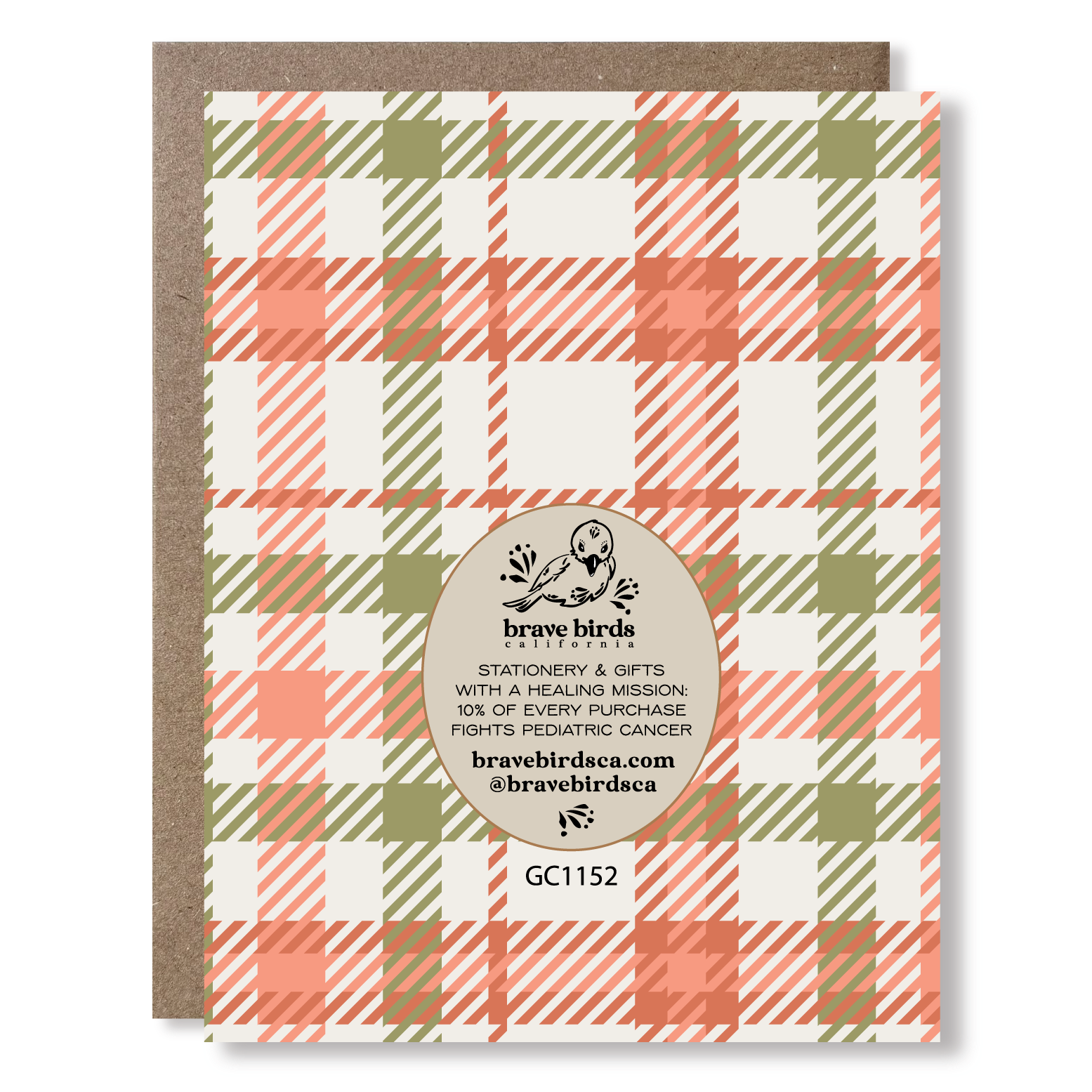 Back view of a greeting card with plaid print, a brand logo and text reading 'stationery & gifts with a healing mission: 10% of every purchase fights pediatric cancer'