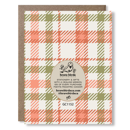 Back view of a greeting card with plaid print, a brand logo and text reading 'stationery & gifts with a healing mission: 10% of every purchase fights pediatric cancer'