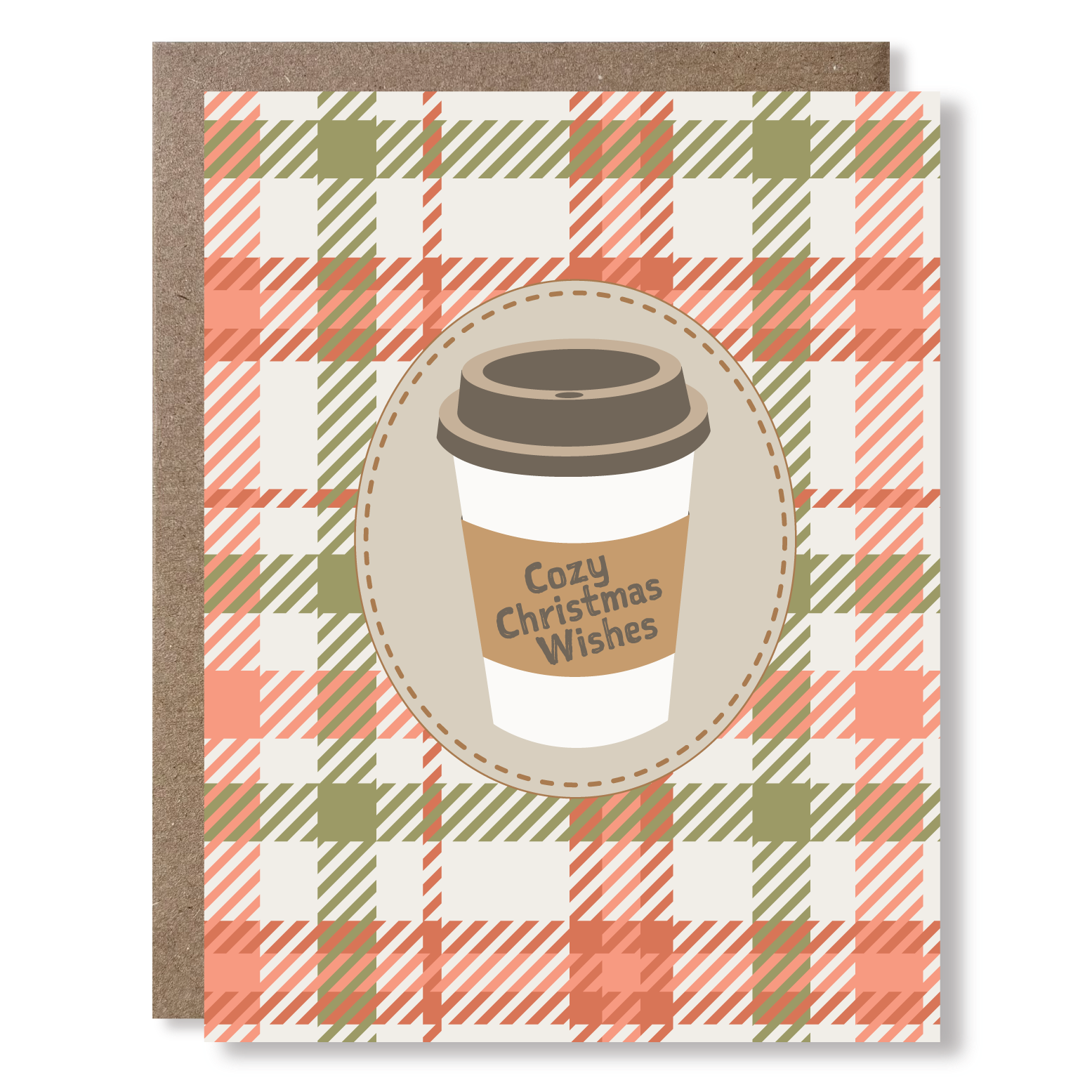 Greeting card with plaid pattern and coffee cup design, featuring 'Cozy Christmas Wishes'.