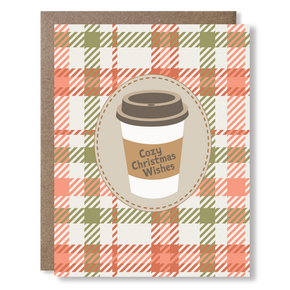 Greeting card with plaid pattern and coffee cup design, featuring 'Cozy Christmas Wishes'.