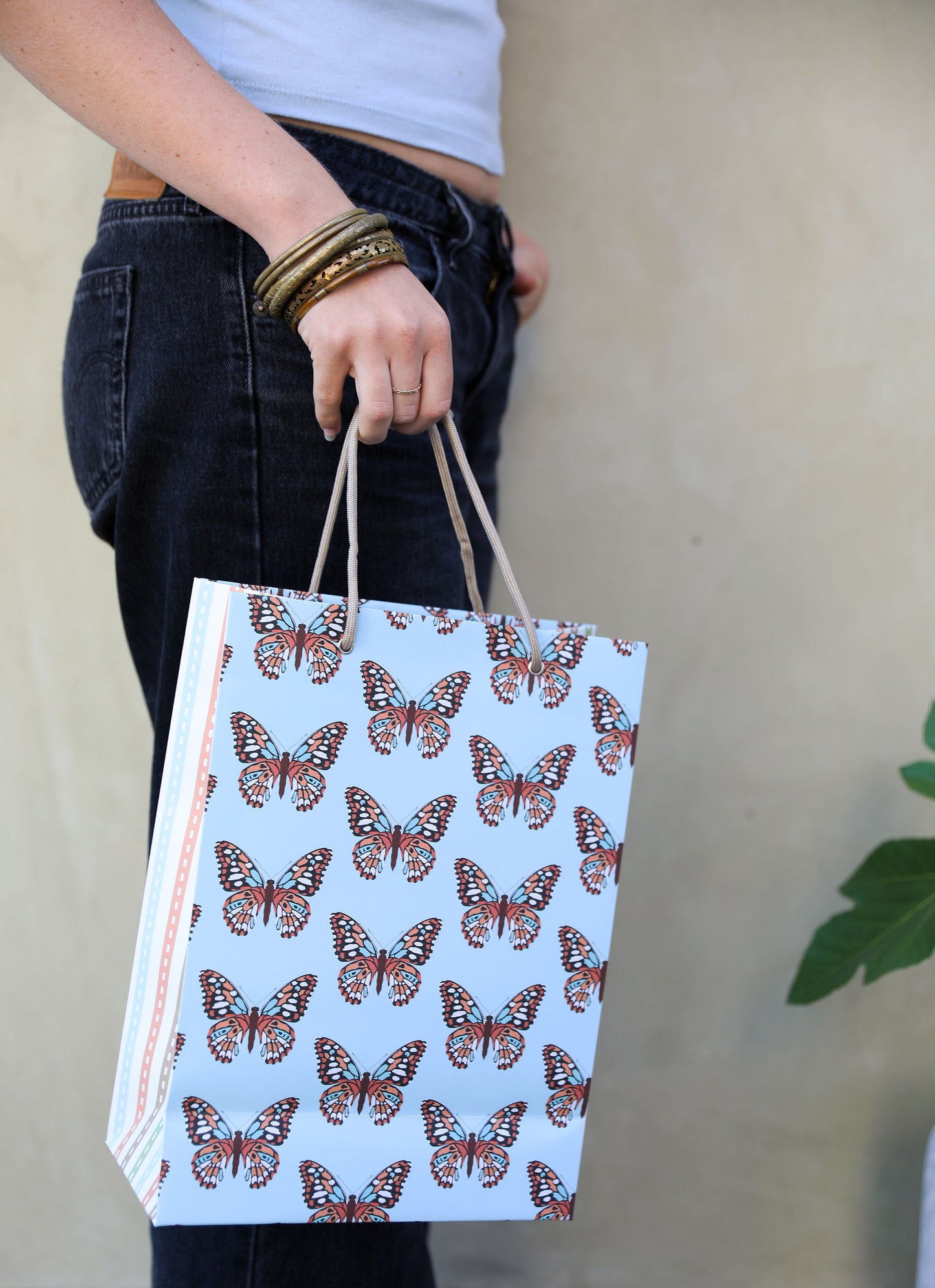 Mixed Print Gift Bag in Butterfly-Stripe