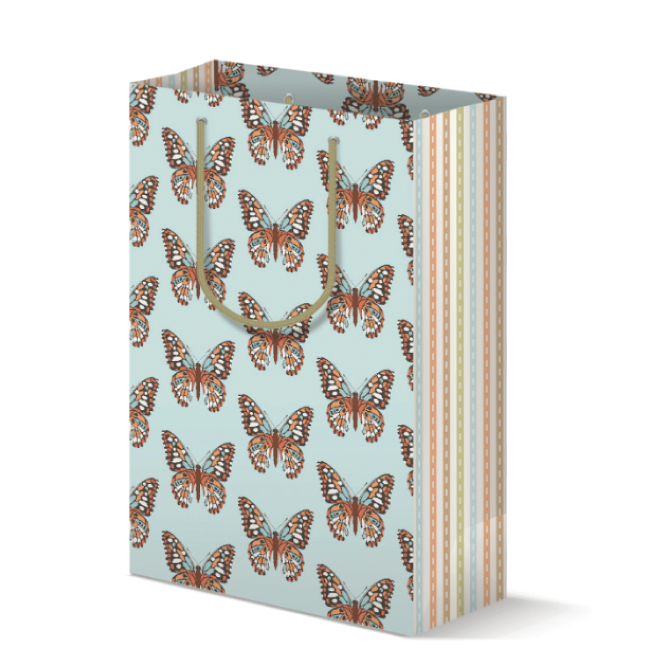 Gift bag with butterfly pattern on a light blue background and striped sides