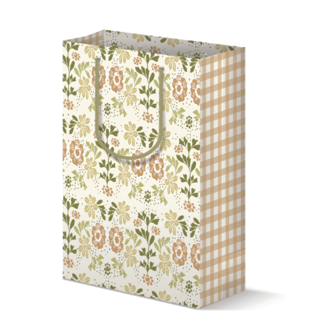 Gift bag with tan and green floral on the front and tan gingham plaid on the sides