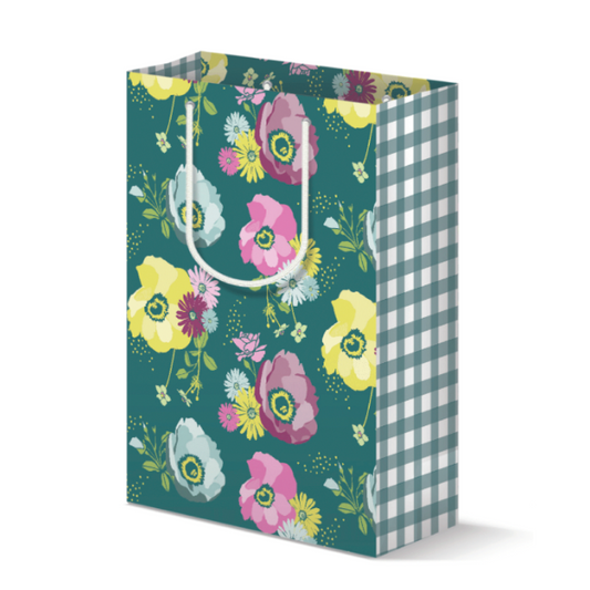 Gift bag with floral design and checkered pattern on a white background