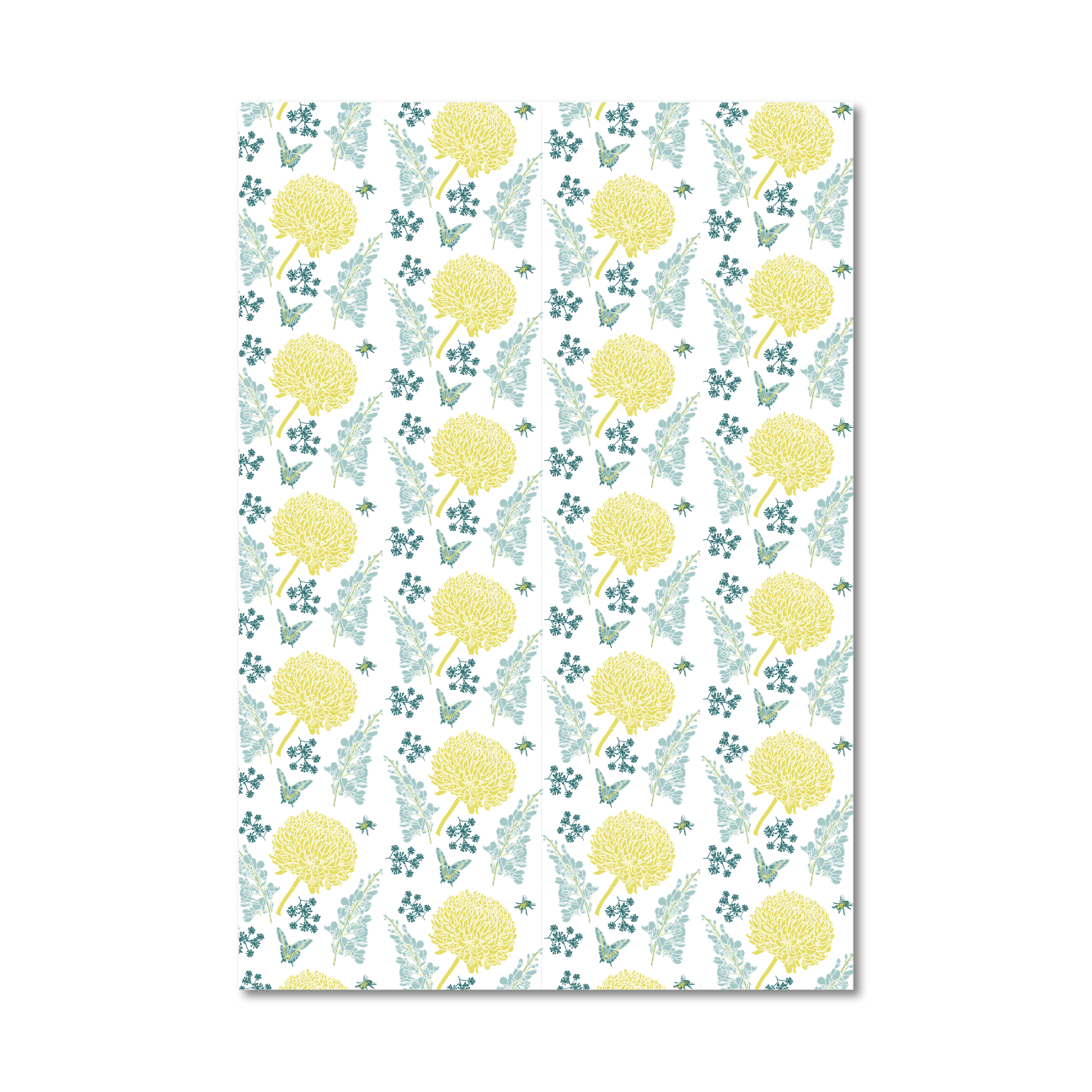 Patterned gift wrap sheet with blue and yellow floral pattern on a white background