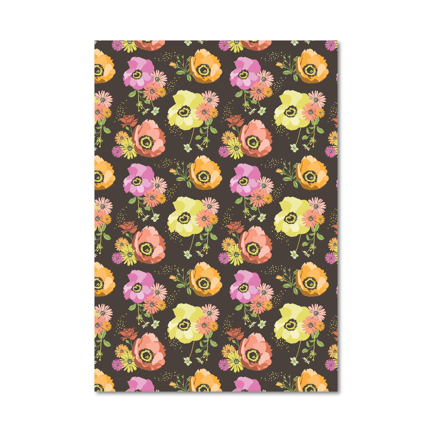 Gift wrap sheet featuring a repeating pattern of colorful flowers, including pink, yellow, orange, and purple blossoms with green leaves, set against a dark brown background. 