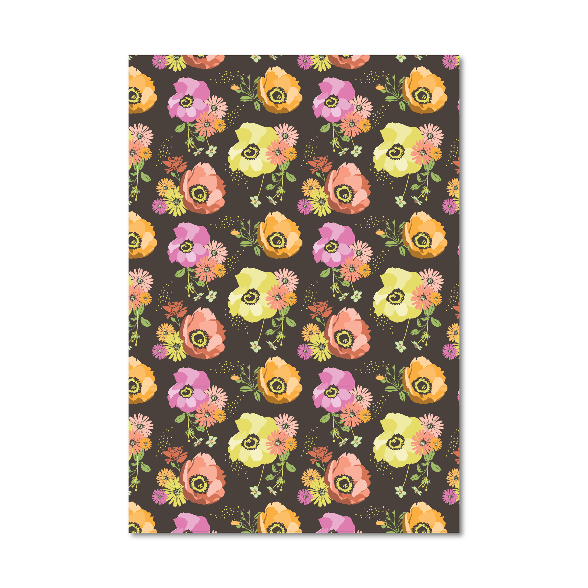 Gift wrap sheet featuring a repeating pattern of colorful flowers, including pink, yellow, orange, and purple blossoms with green leaves, set against a dark brown background. 