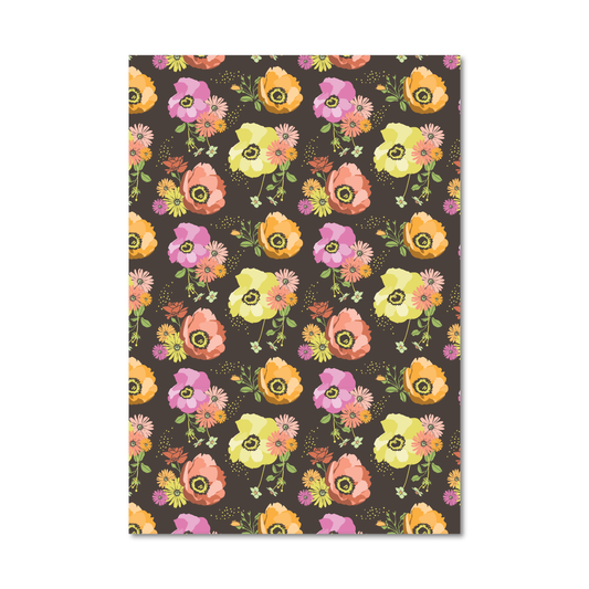 Gift wrap sheet featuring a repeating pattern of colorful flowers, including pink, yellow, orange, and purple blossoms with green leaves, set against a dark brown background. 