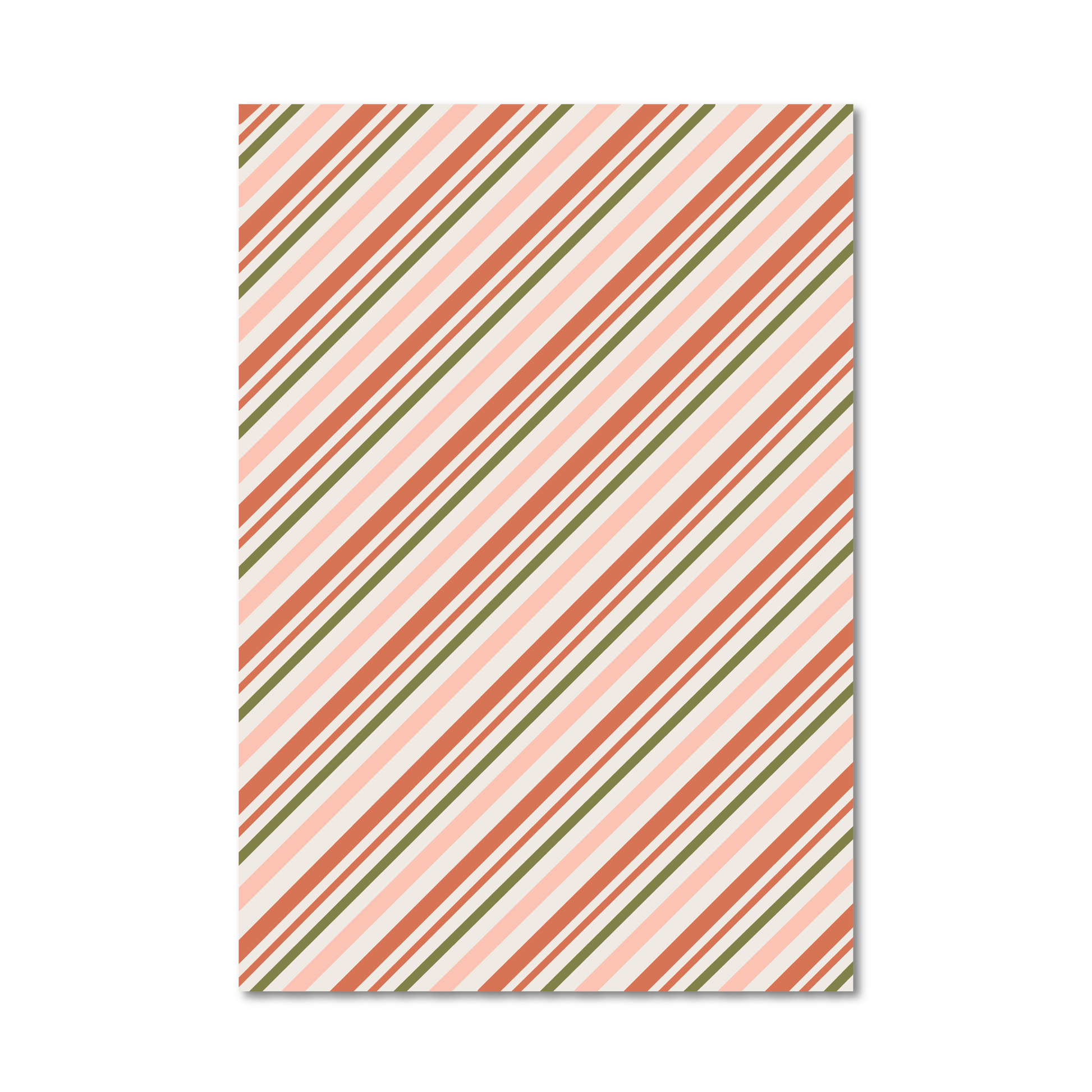 Gift wrap sheet with a diagonal striped pattern in coral orange, sage green, and cream, shown against a plain white background.