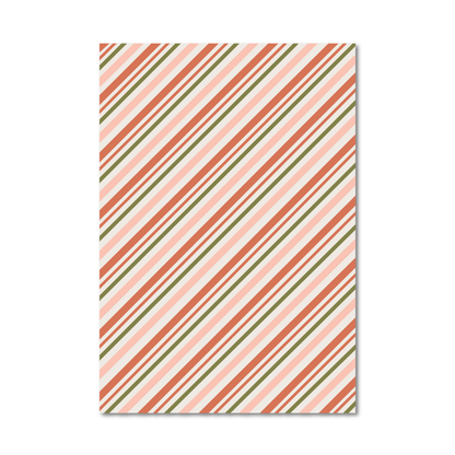 Gift wrap sheet with a diagonal striped pattern in coral orange, sage green, and cream, shown against a plain white background.