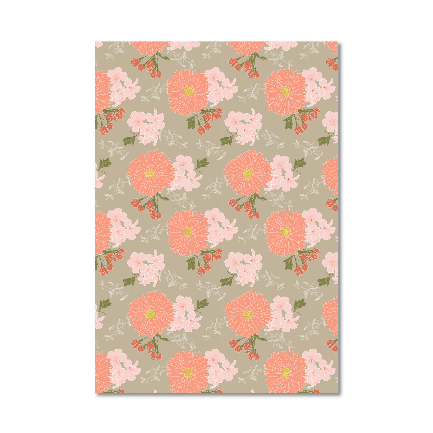 Gift wrap sheet with a repeating design of coral, pink, and light pink flowers with green stems on a warm beige background, shown against a plain white backdrop.