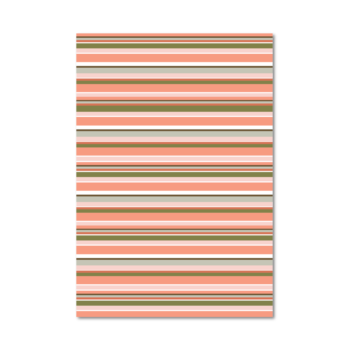 Gift wrap sheet featuring horizontal stripes in terracotta, peach, cream, beige, and brown on a white background.