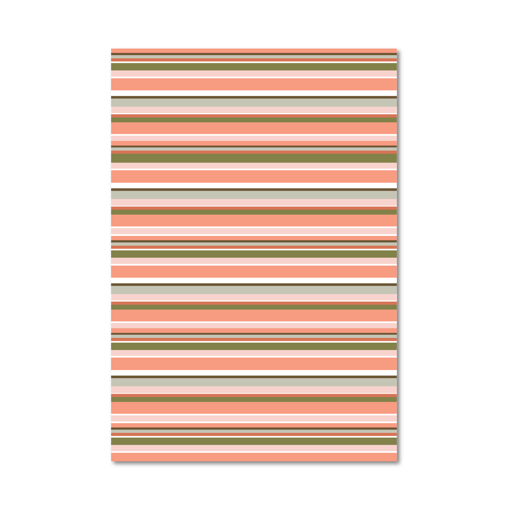 Gift wrap sheet featuring horizontal stripes in terracotta, peach, cream, beige, and brown on a white background.