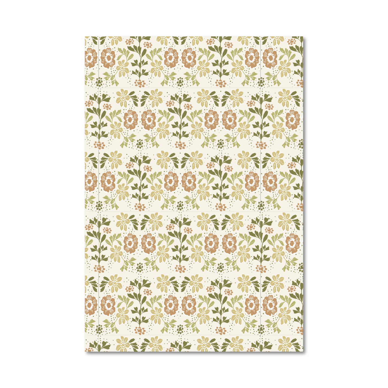 Patterned gift wrap sheet with a floral print in neutral shades of green, brown and cream