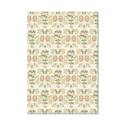 Patterned gift wrap sheet with a floral print in neutral shades of green, brown and cream