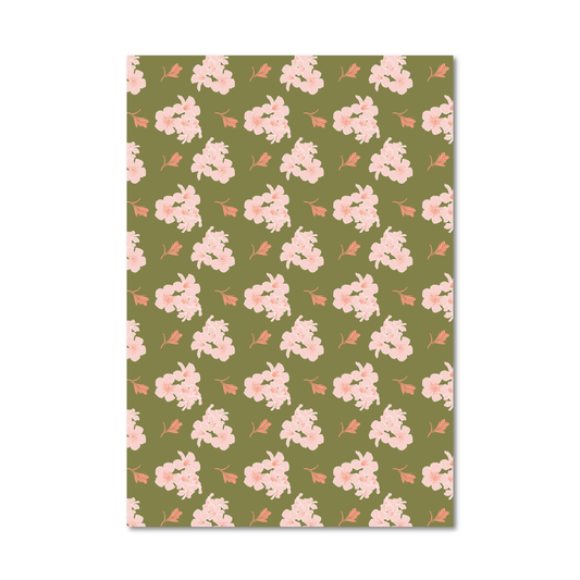 Wrapping paper sheet featuring a repeating pattern of light pink cherry blossoms on an olive green background, shown against a plain white backdrop.