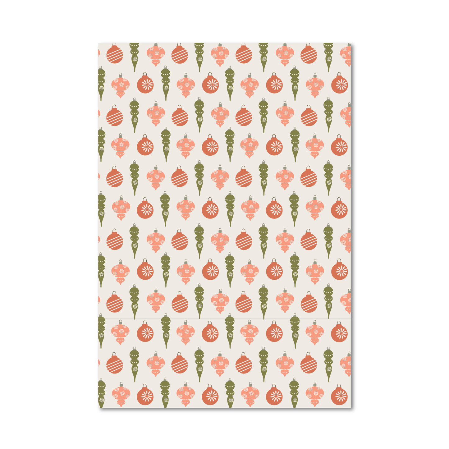 Gift wrap sheet featuring a repeating Christmas ornament pattern in coral pink, sage green, and cream.