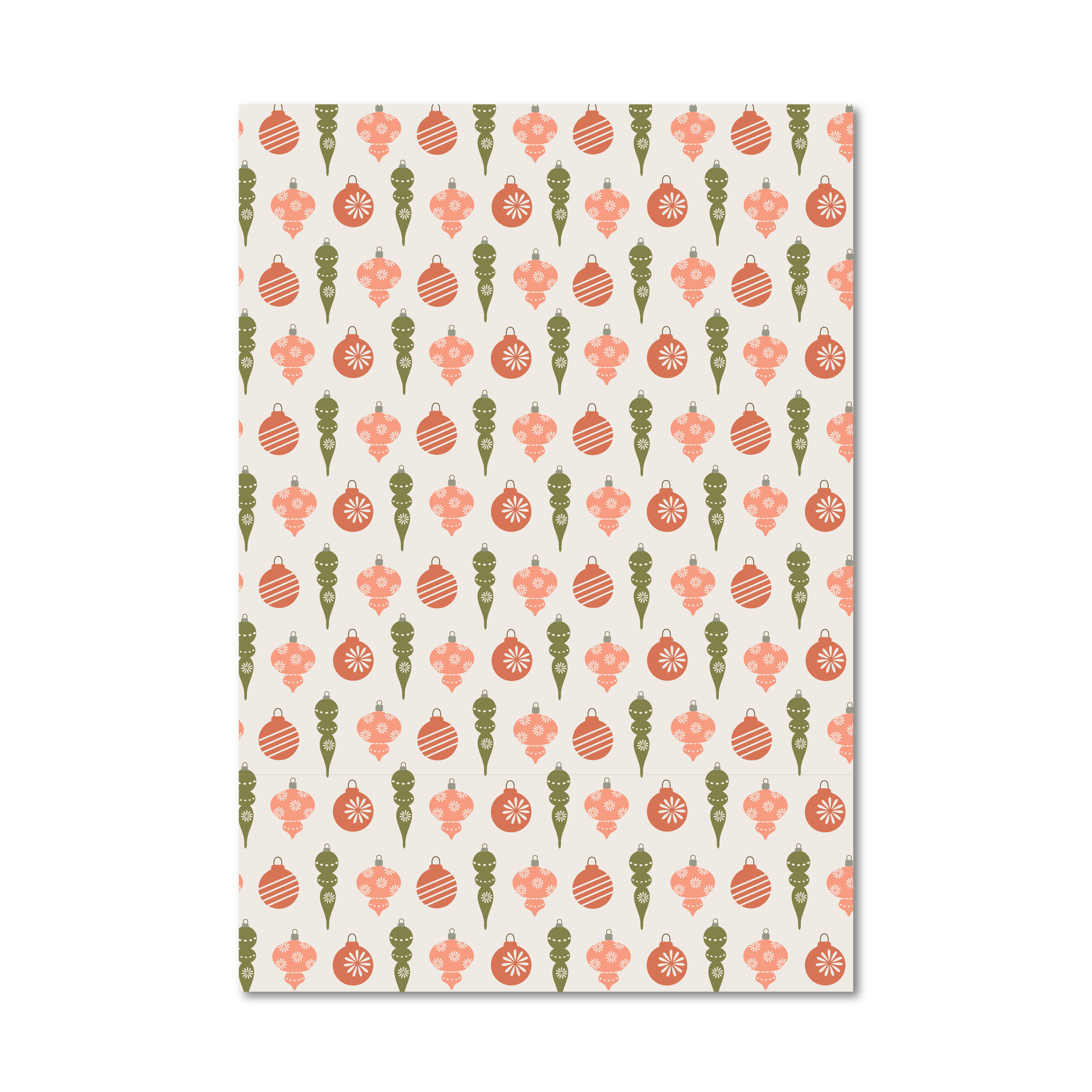 Gift wrap sheet featuring a repeating Christmas ornament pattern in coral pink, sage green, and cream.