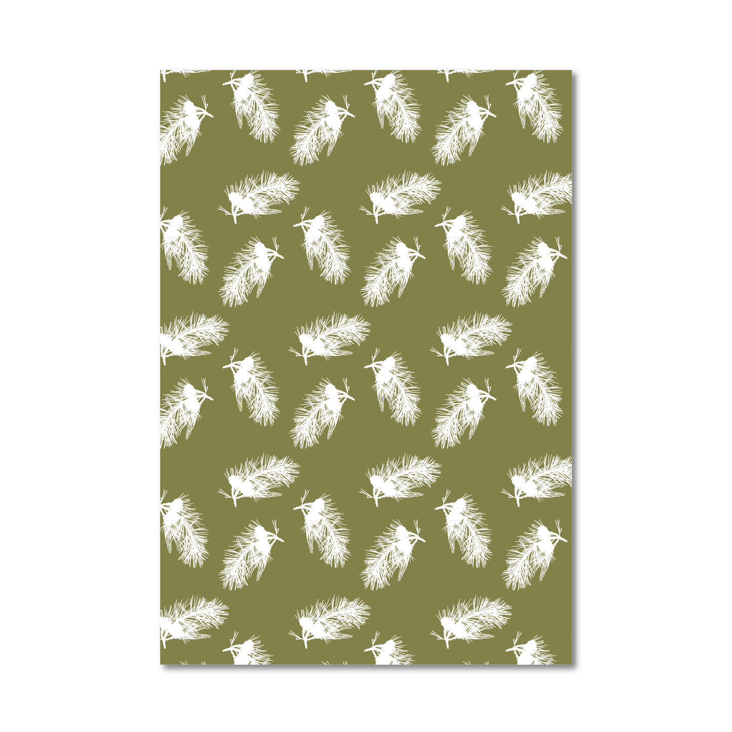 Gift wrap sheet featuring a repeating pattern of white stylized pine branch silhouettes on an olive green background, shown against a plain white backdrop.