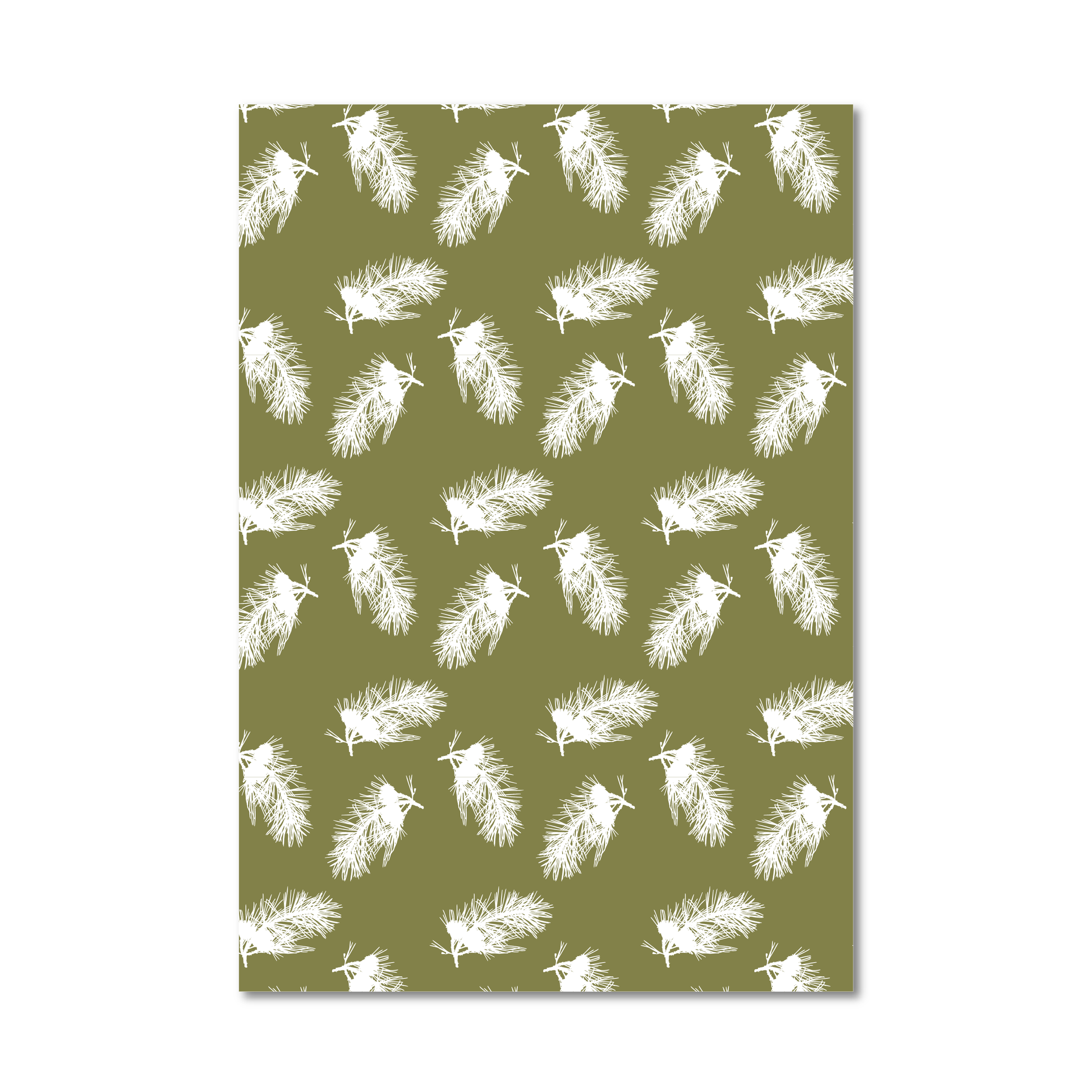 Gift wrap sheet featuring a repeating pattern of white stylized pine branch silhouettes on an olive green background, shown against a plain white backdrop.