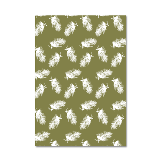 Gift wrap sheet featuring a repeating pattern of white stylized pine branch silhouettes on an olive green background, shown against a plain white backdrop.