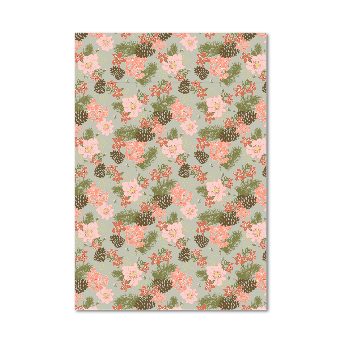 Gift wrap sheet with a repeating floral and pinecone pattern on a pale sage green background, shown against a plain white studio backdrop.