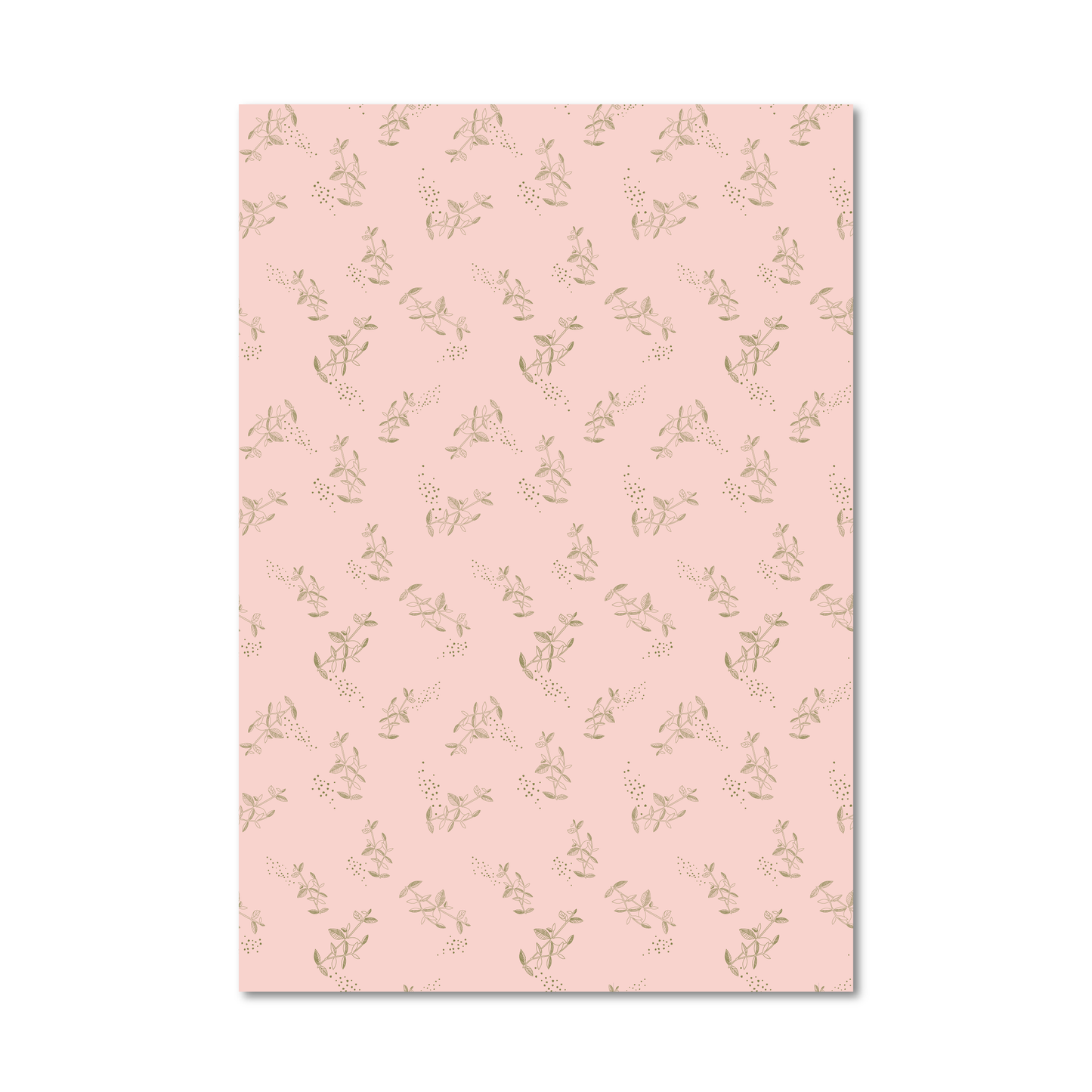 Gift wrap sheet with a light pink background and a repeating pattern of small green branch and dot illustrations, shown against a white background.