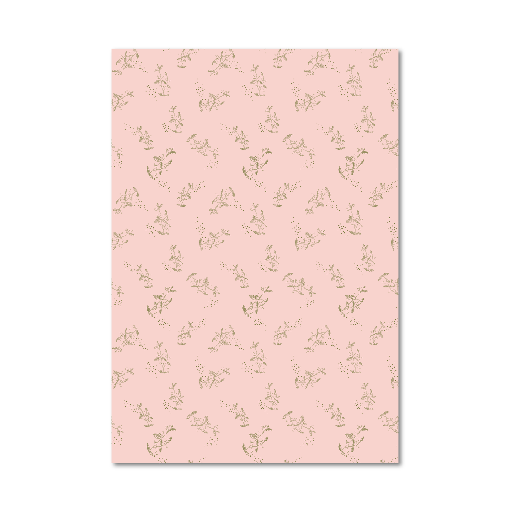 Gift wrap sheet with a light pink background and a repeating pattern of small green branch and dot illustrations, shown against a white background.