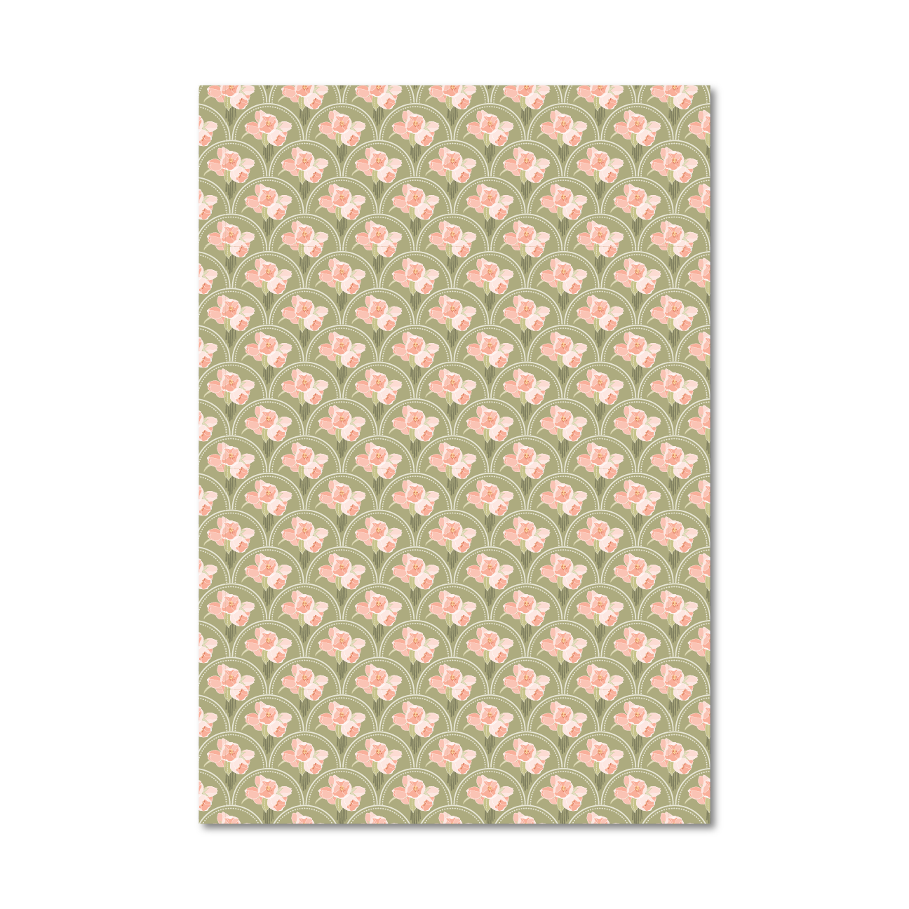Patterned gift wrap sheet with a green background and pink flowers inside a white scallop shaped repeat design